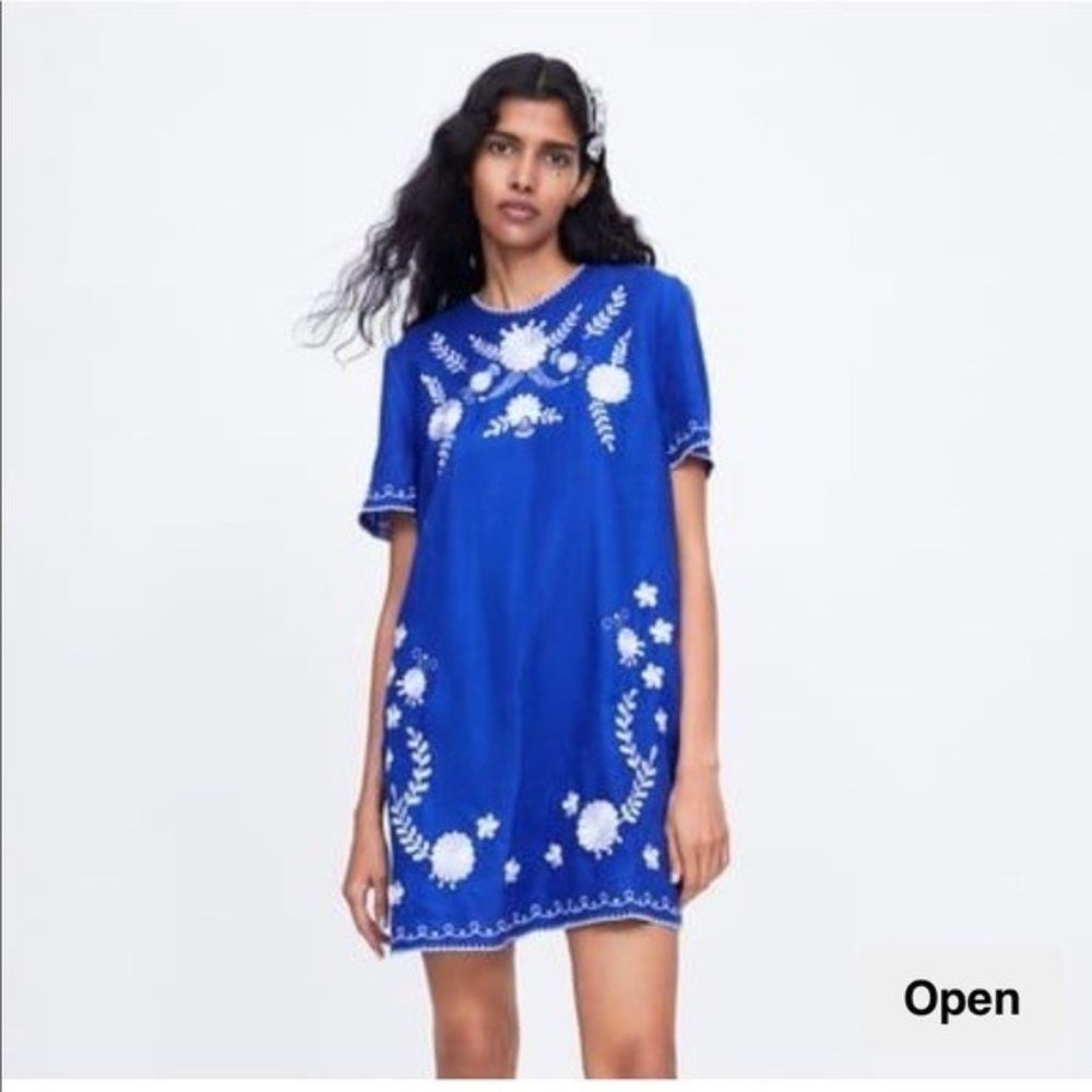 Zara Blue & White Embroidered Tunic Dress Xs